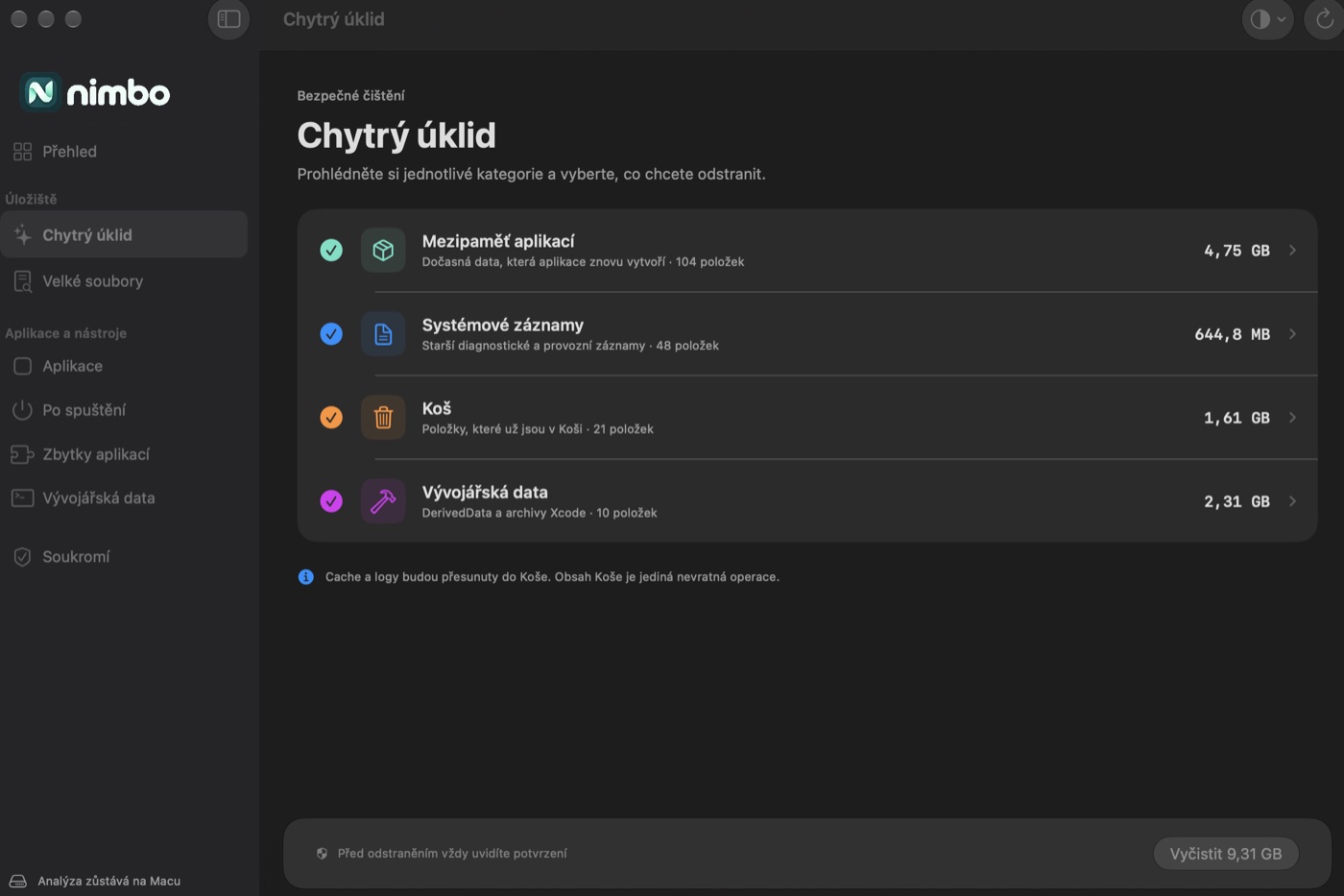 Chytrý úklid s kategoriemi a jejich velikostí